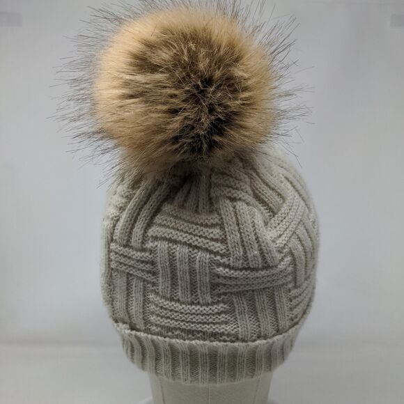 Britt's Knits Beanie Hat Cream One Size Hand Knitted Faux Fur Pom Pom - Picture 5 of 9